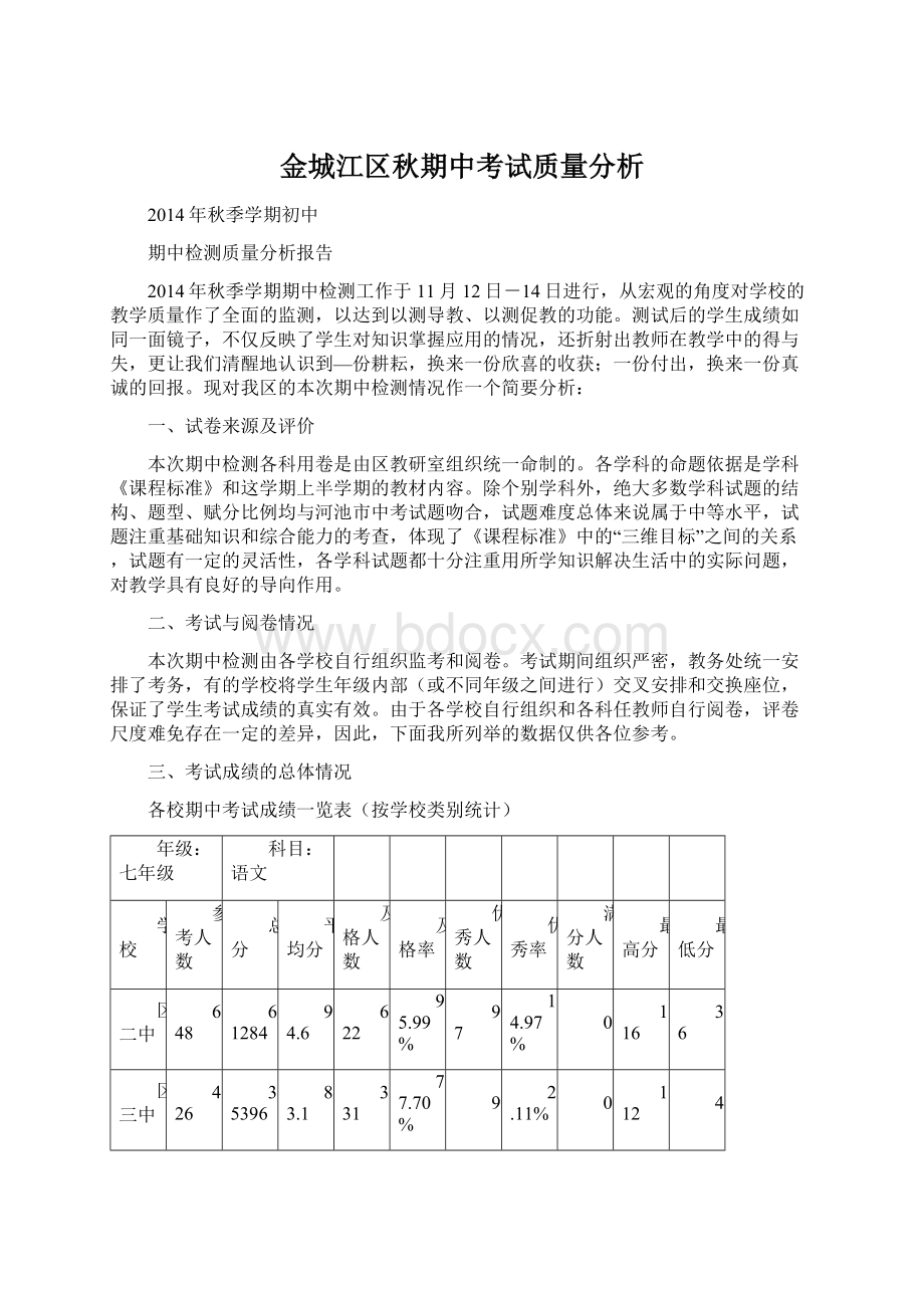 金城江区秋期中考试质量分析.docx_第1页