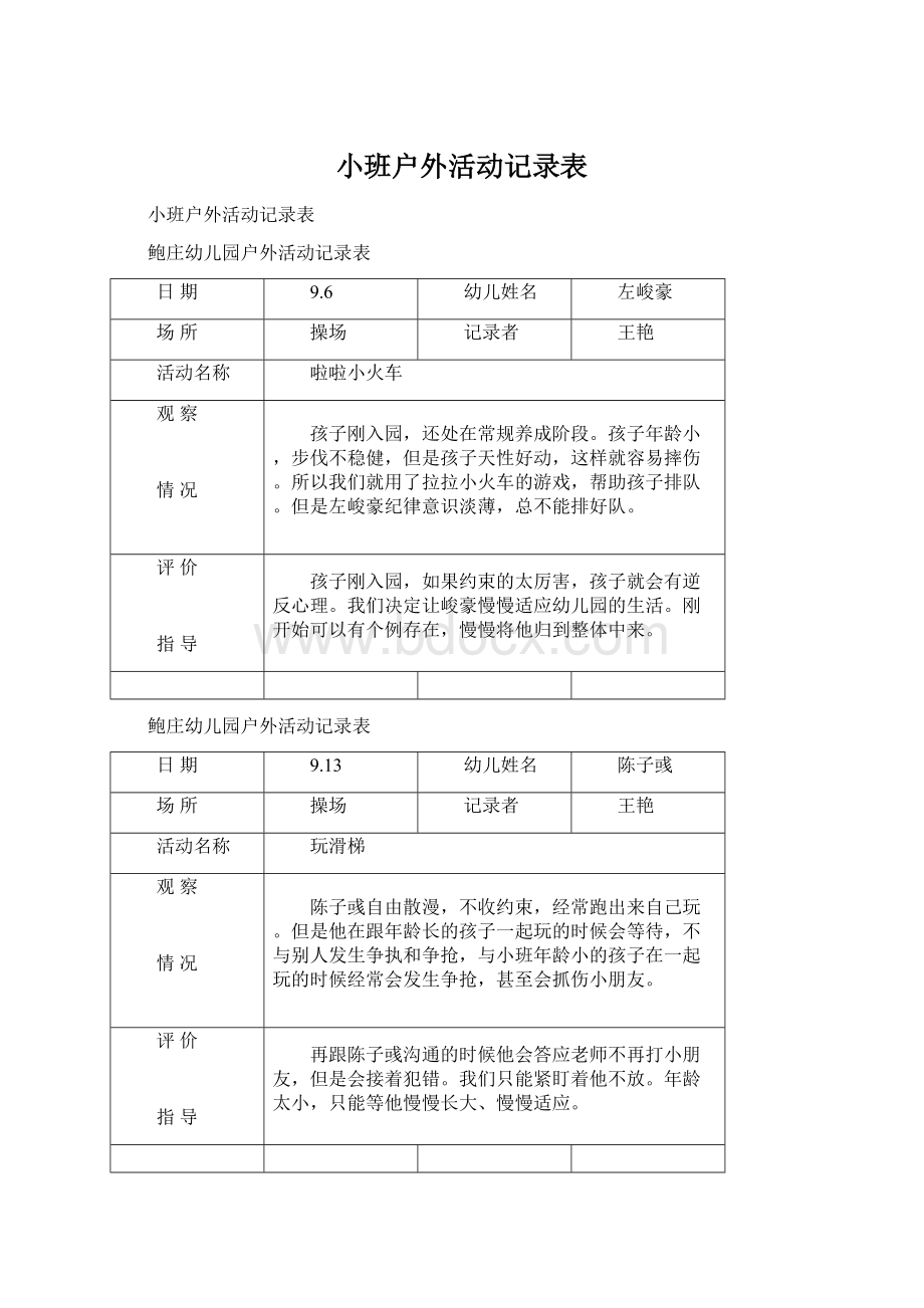 小班户外活动记录表.docx_第1页