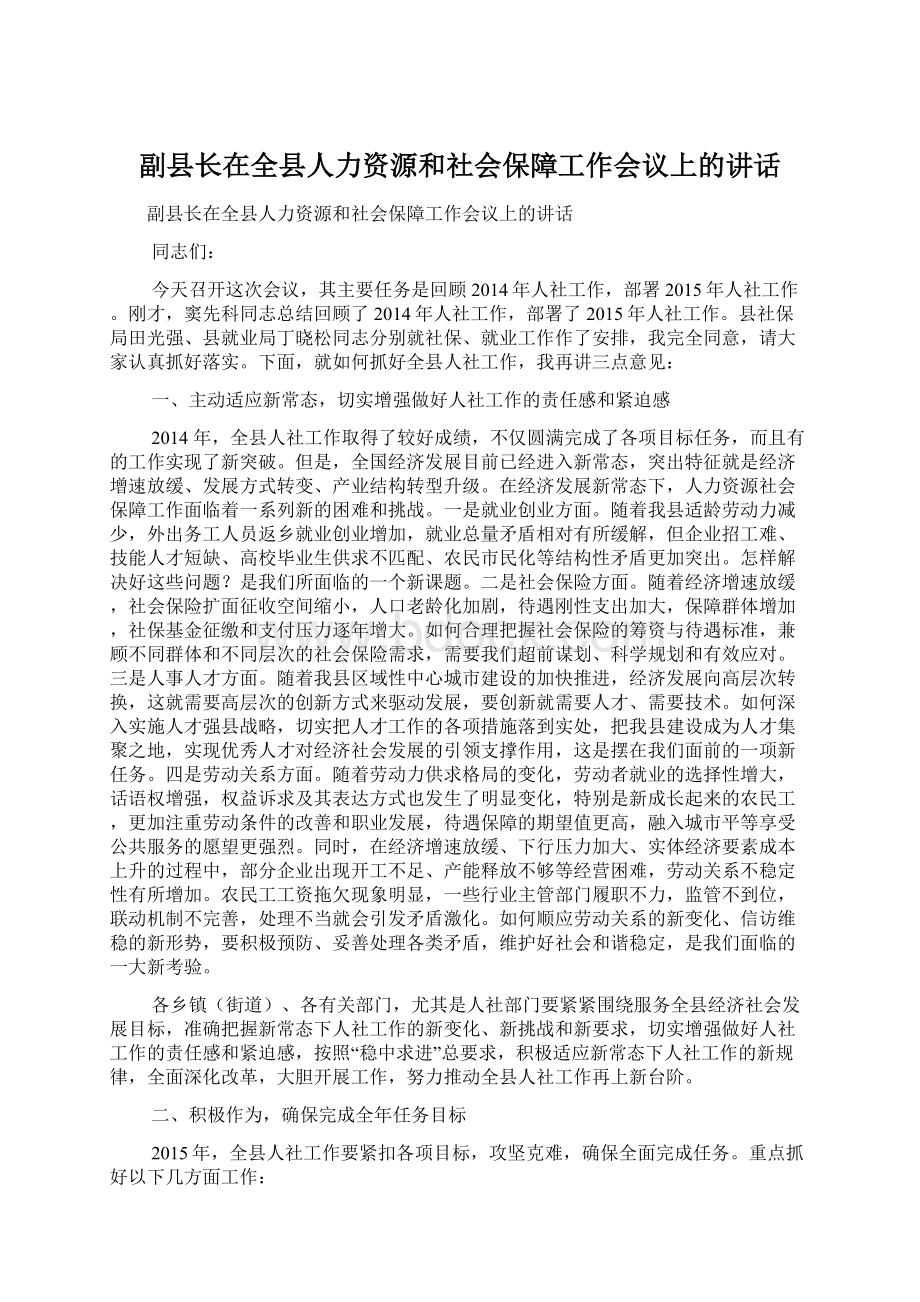 副县长在全县人力资源和社会保障工作会议上的讲话Word文档下载推荐.docx