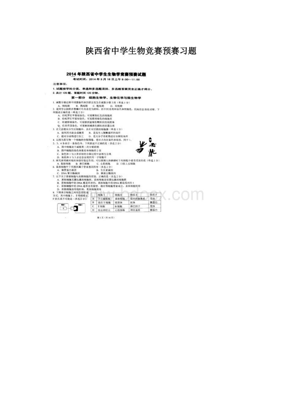 陕西省中学生物竞赛预赛习题.docx