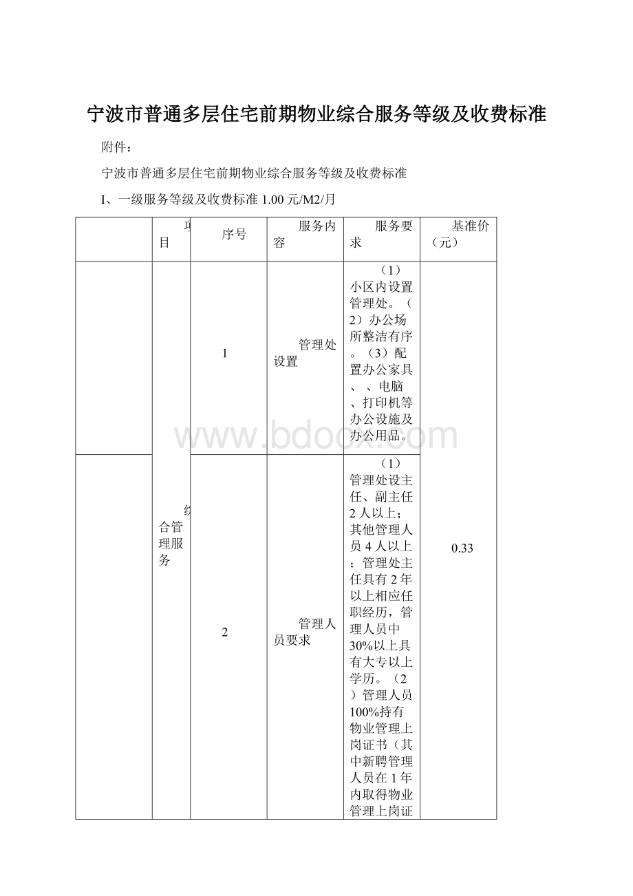 宁波市普通多层住宅前期物业综合服务等级及收费标准Word格式.docx_第1页