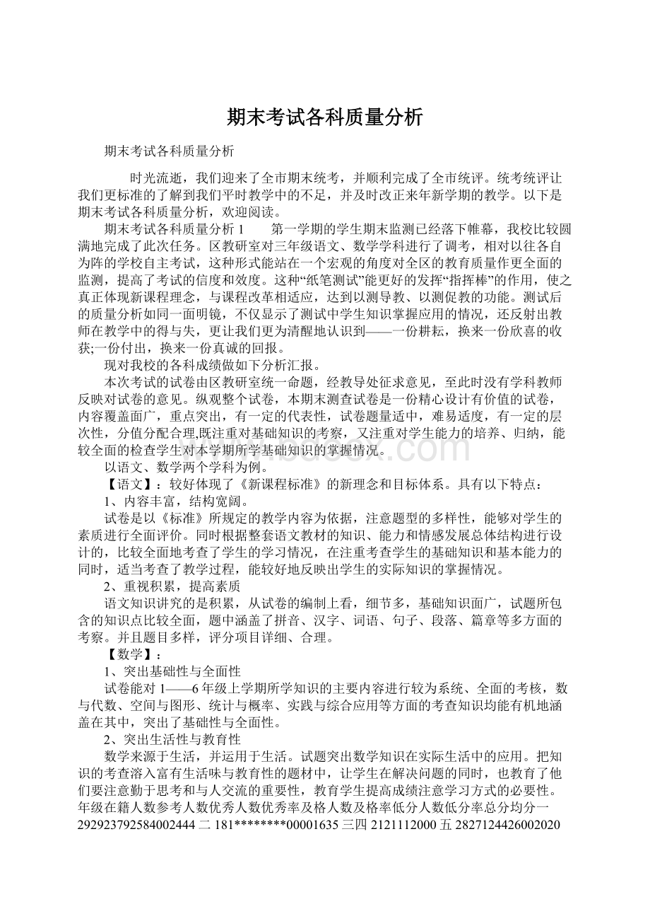 期末考试各科质量分析.docx_第1页