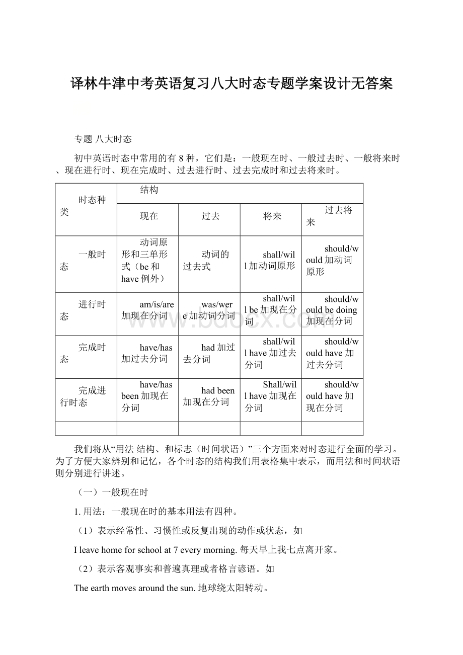 译林牛津中考英语复习八大时态专题学案设计无答案.docx