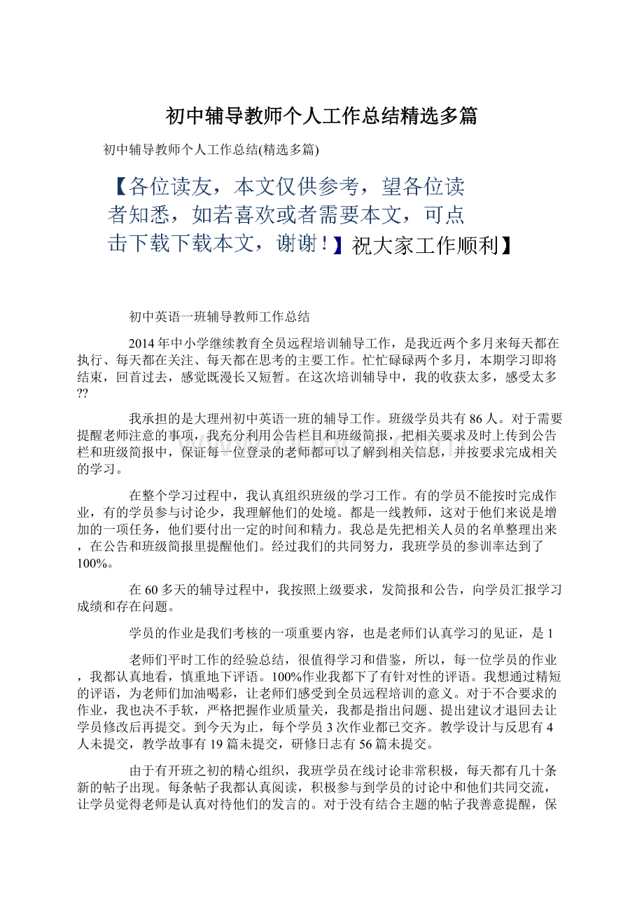 初中辅导教师个人工作总结精选多篇.docx