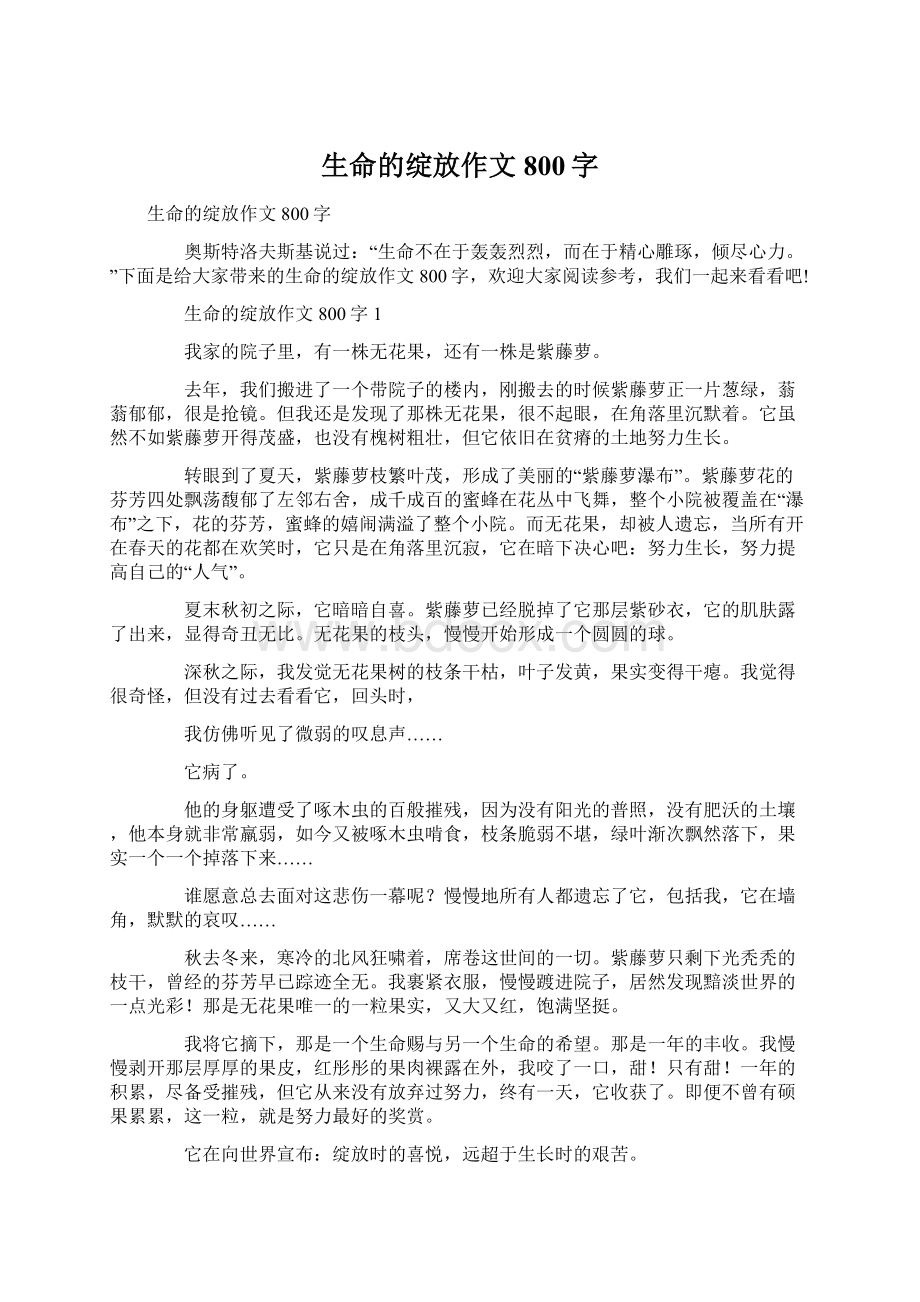 生命的绽放作文800字.docx_第1页