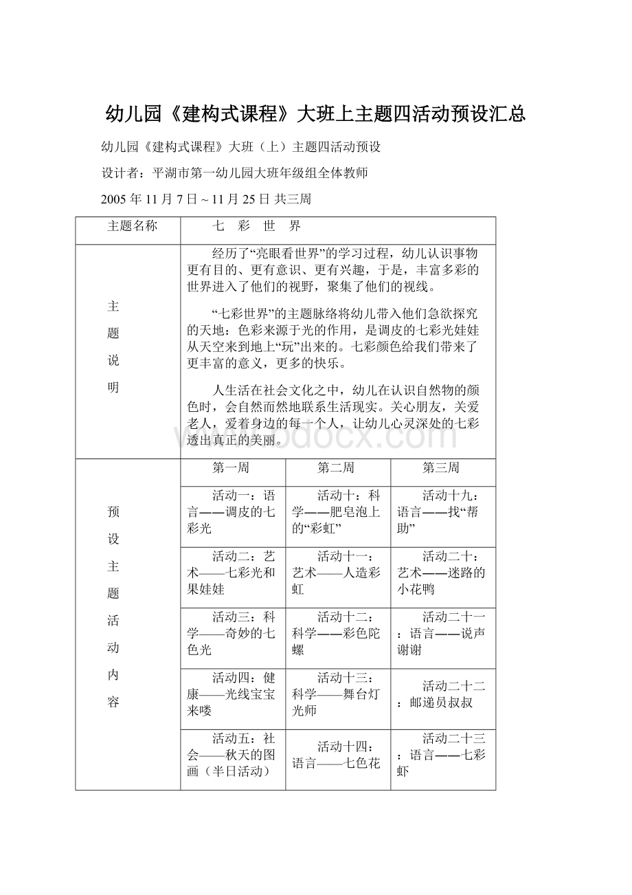 幼儿园《建构式课程》大班上主题四活动预设汇总.docx