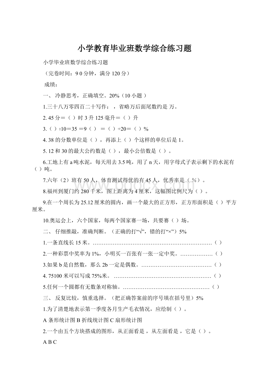 小学教育毕业班数学综合练习题文档格式.docx_第1页