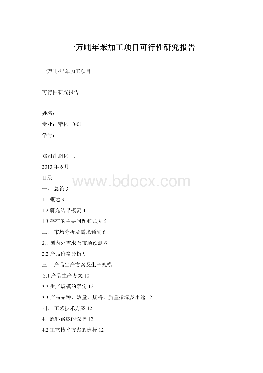 一万吨年苯加工项目可行性研究报告Word下载.docx_第1页