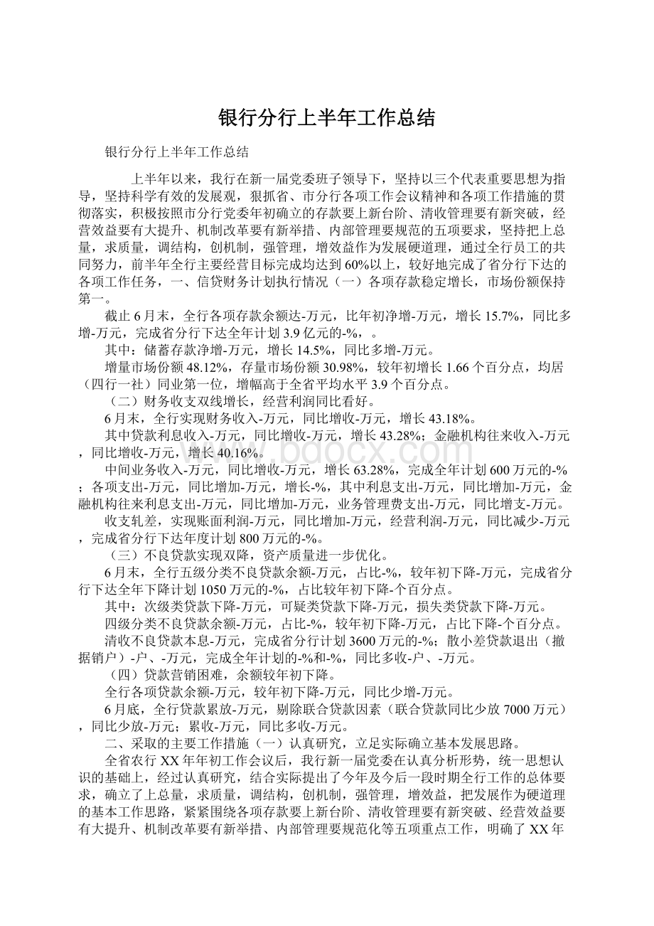 银行分行上半年工作总结文档格式.docx_第1页