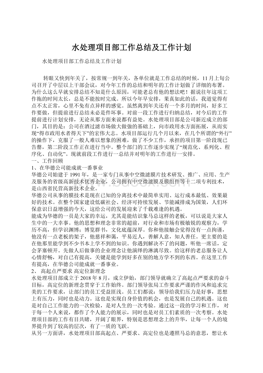 水处理项目部工作总结及工作计划Word文件下载.docx