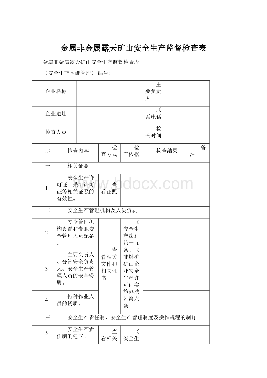 金属非金属露天矿山安全生产监督检查表Word文档下载推荐.docx