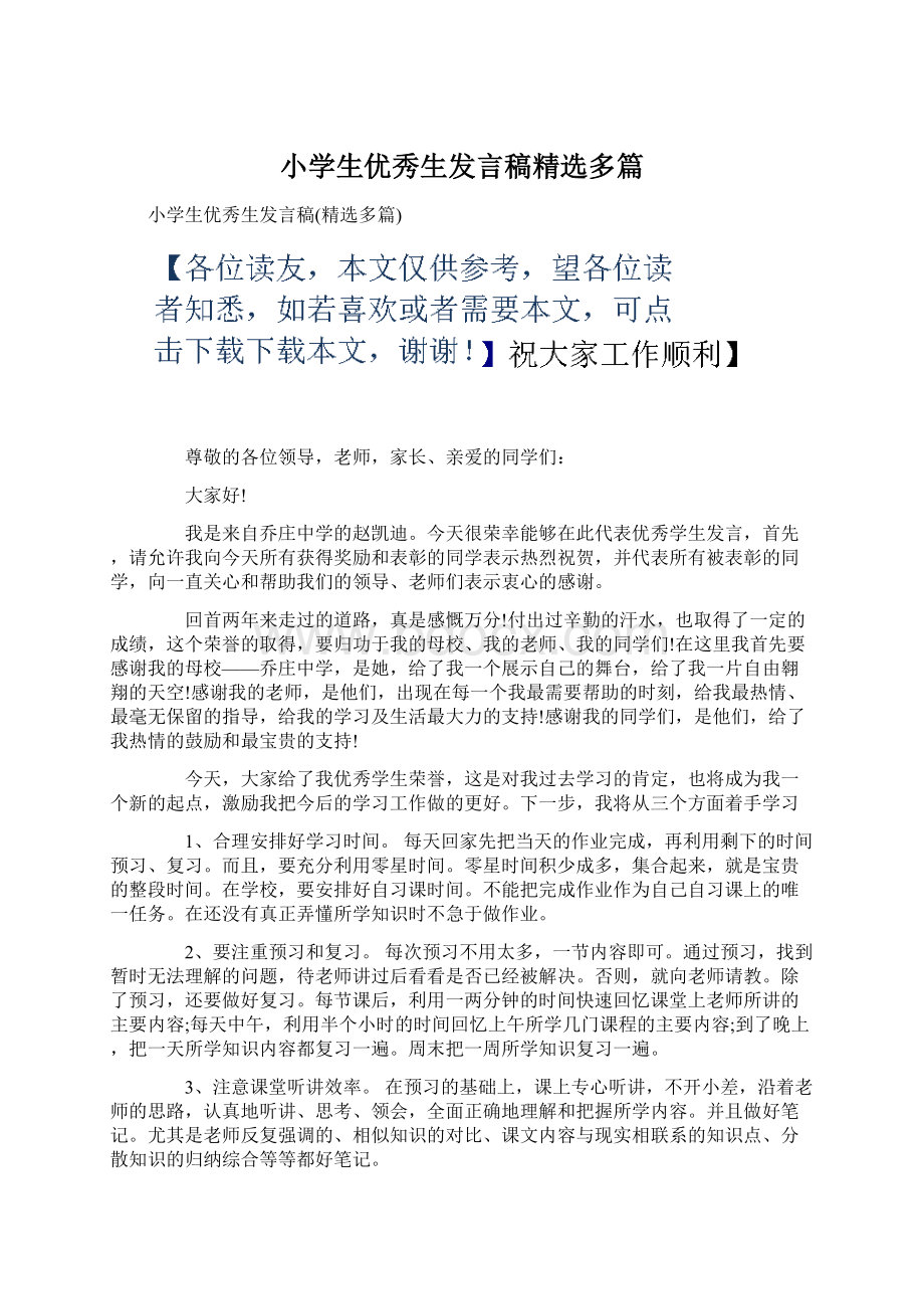 小学生优秀生发言稿精选多篇文档格式.docx