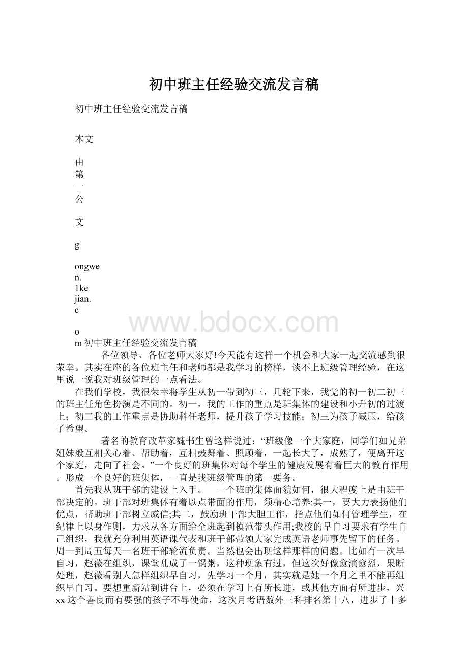 初中班主任经验交流发言稿Word下载.docx