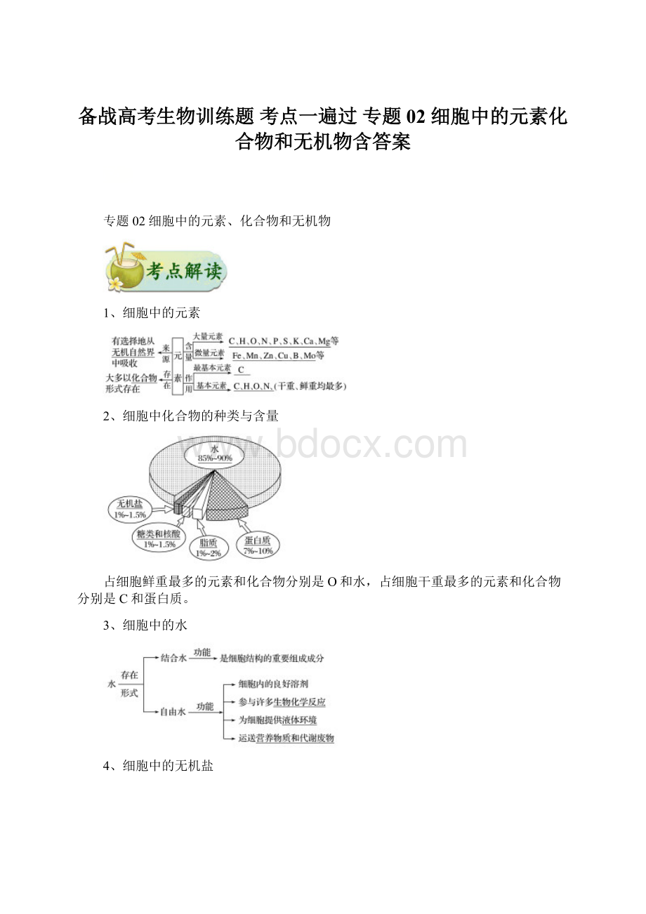 备战高考生物训练题 考点一遍过 专题02 细胞中的元素化合物和无机物含答案.docx_第1页