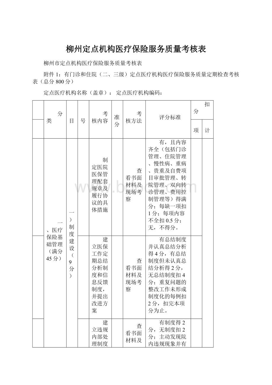 柳州定点机构医疗保险服务质量考核表.docx_第1页