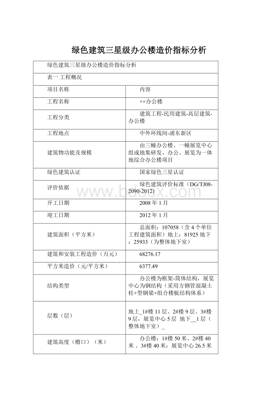 绿色建筑三星级办公楼造价指标分析Word文档格式.docx_第1页