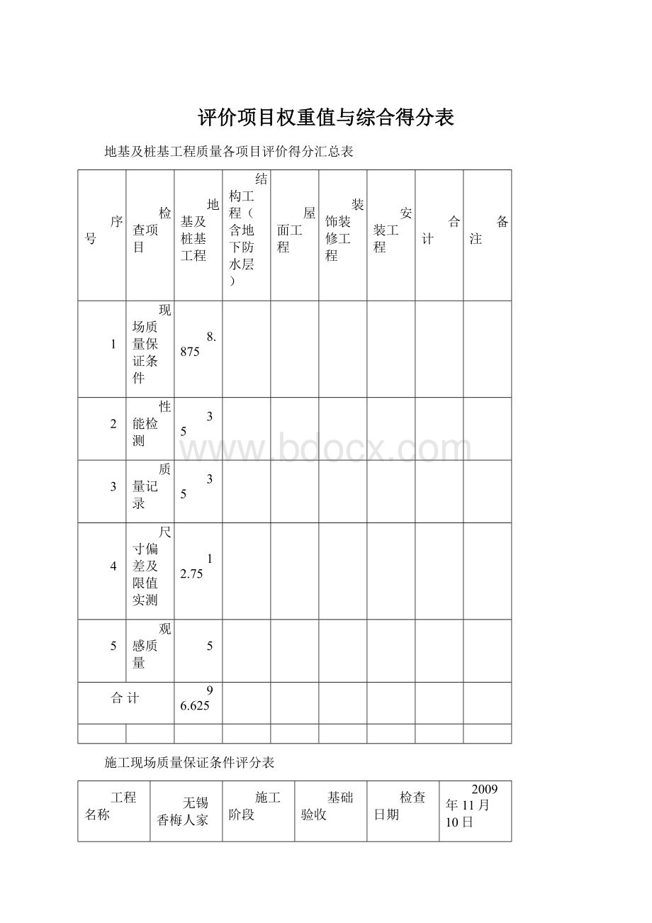 评价项目权重值与综合得分表.docx