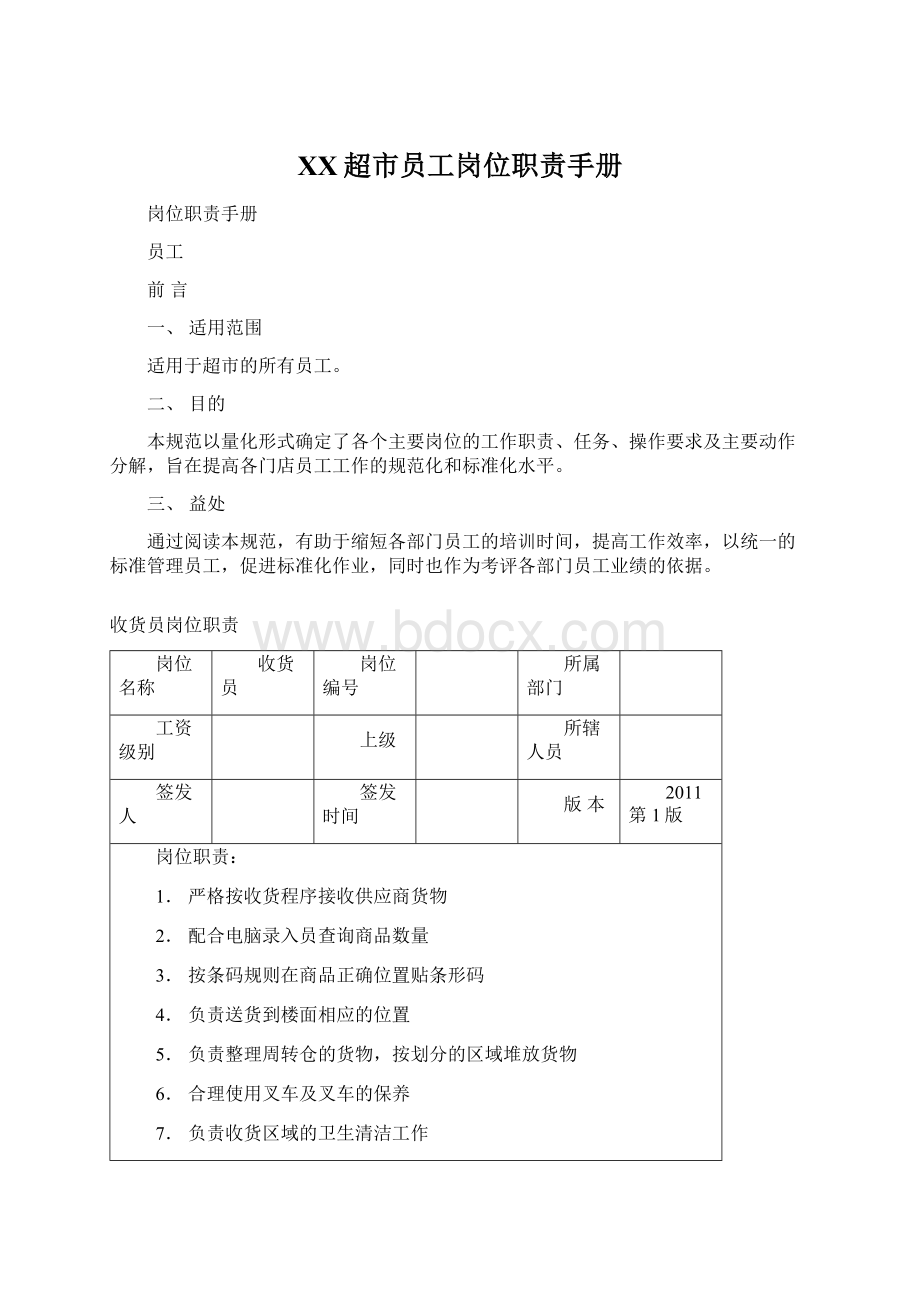 XX超市员工岗位职责手册Word文件下载.docx