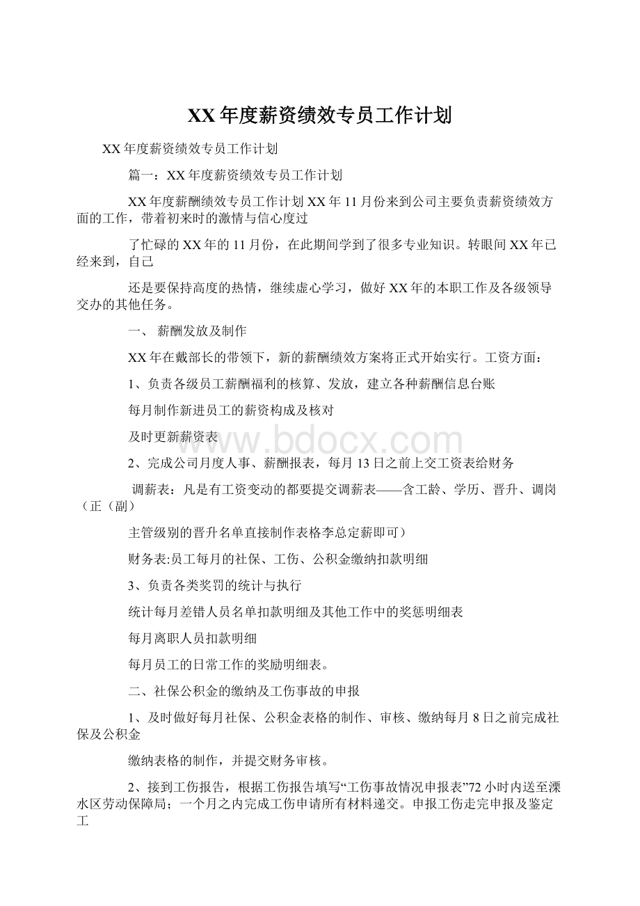 XX年度薪资绩效专员工作计划.docx_第1页