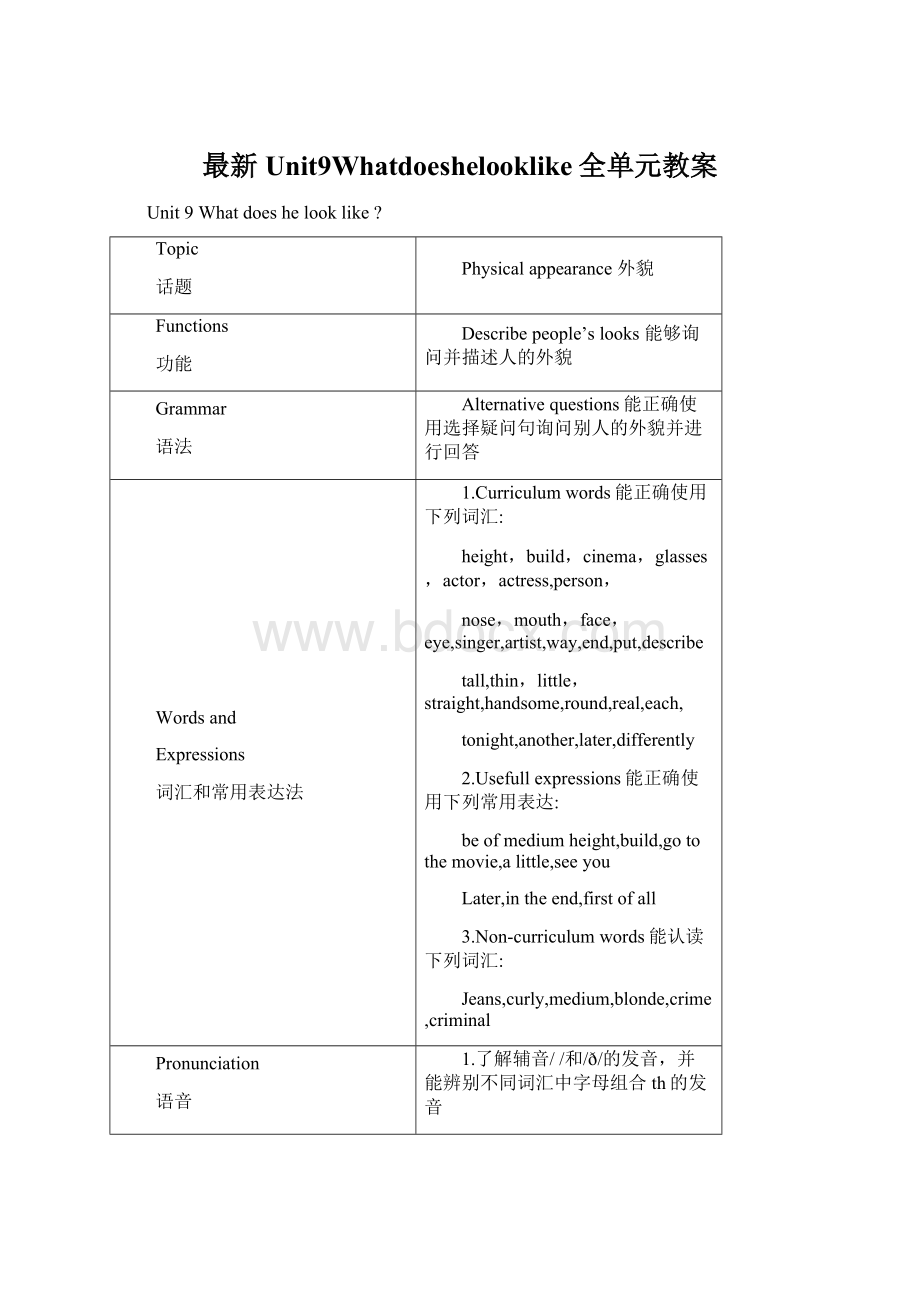 最新Unit9Whatdoeshelooklike全单元教案.docx_第1页