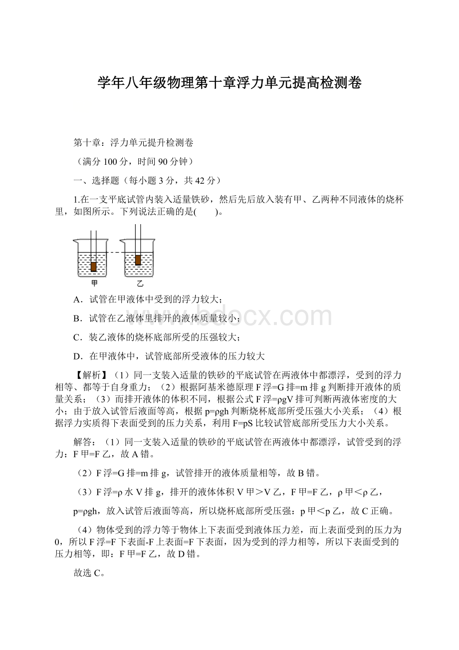 学年八年级物理第十章浮力单元提高检测卷文档格式.docx_第1页