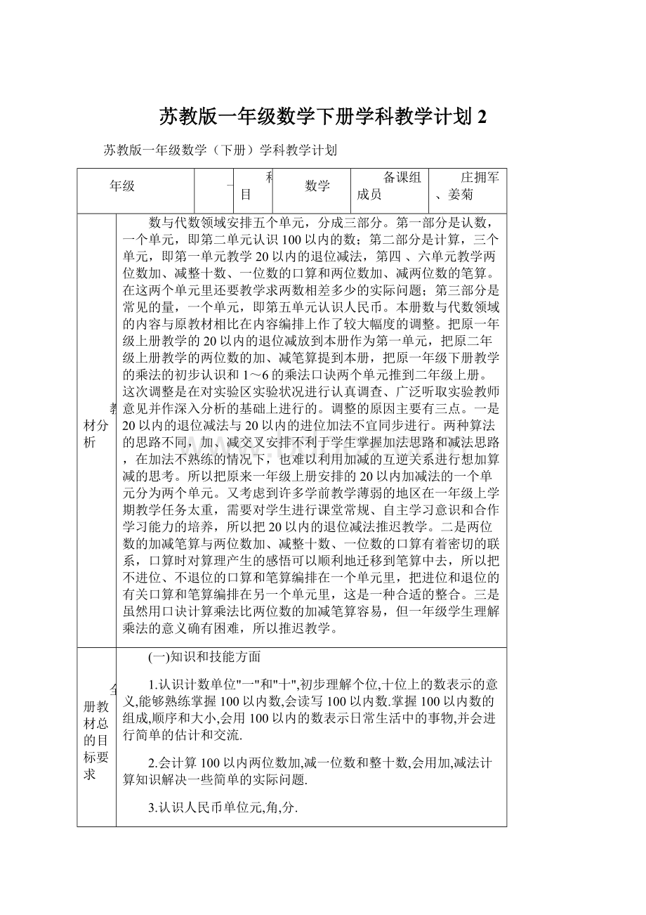 苏教版一年级数学下册学科教学计划2.docx_第1页