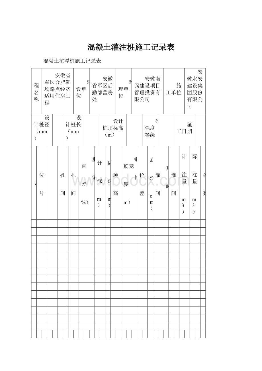 混凝土灌注桩施工记录表.docx_第1页