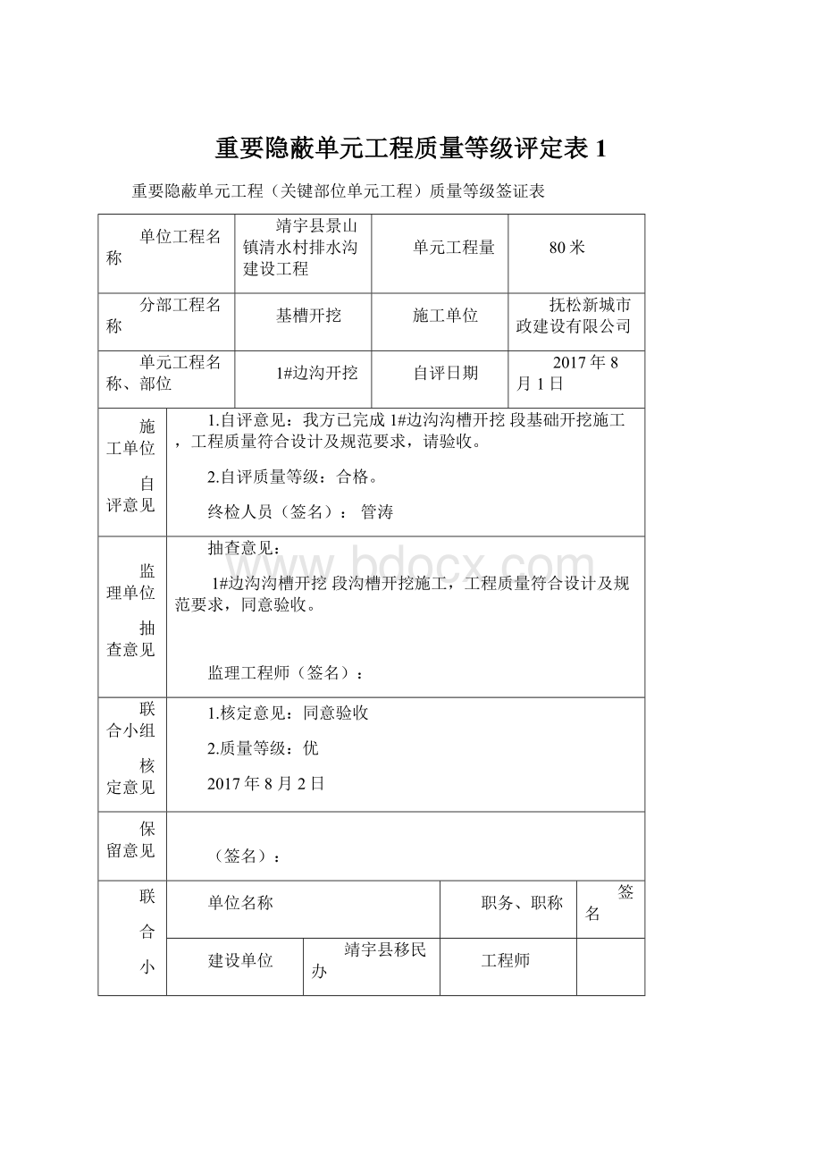 重要隐蔽单元工程质量等级评定表1Word文档格式.docx