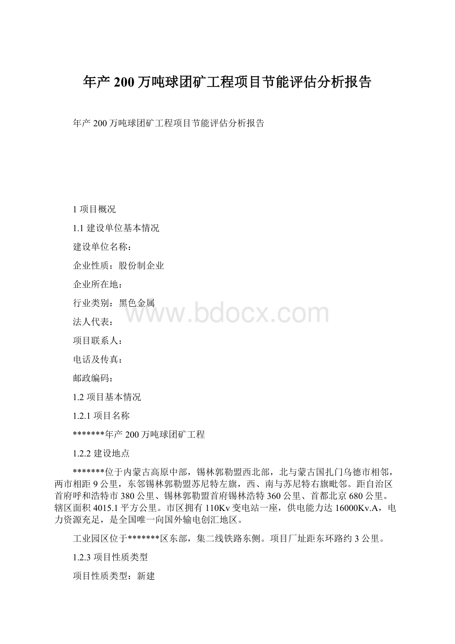 年产200万吨球团矿工程项目节能评估分析报告Word格式文档下载.docx