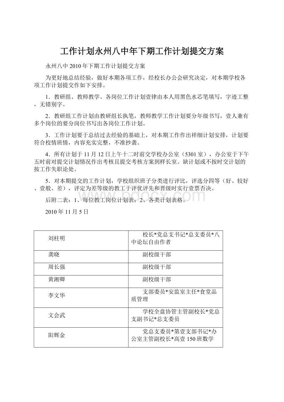 工作计划永州八中年下期工作计划提交方案Word文档格式.docx_第1页