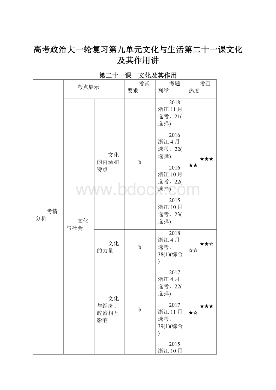 高考政治大一轮复习第九单元文化与生活第二十一课文化及其作用讲.docx_第1页