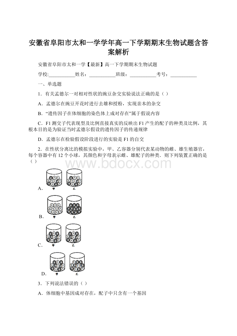 安徽省阜阳市太和一学学年高一下学期期末生物试题含答案解析Word格式文档下载.docx_第1页