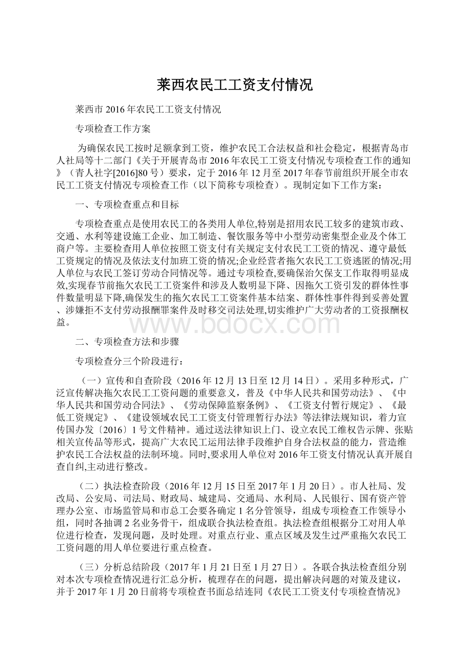 莱西农民工工资支付情况Word文档下载推荐.docx