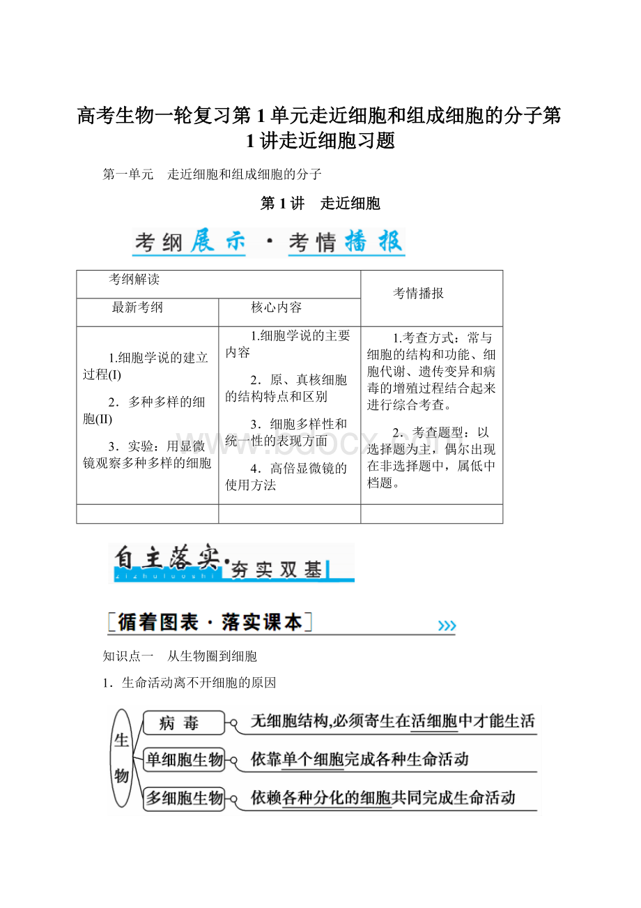 高考生物一轮复习第1单元走近细胞和组成细胞的分子第1讲走近细胞习题Word文档格式.docx