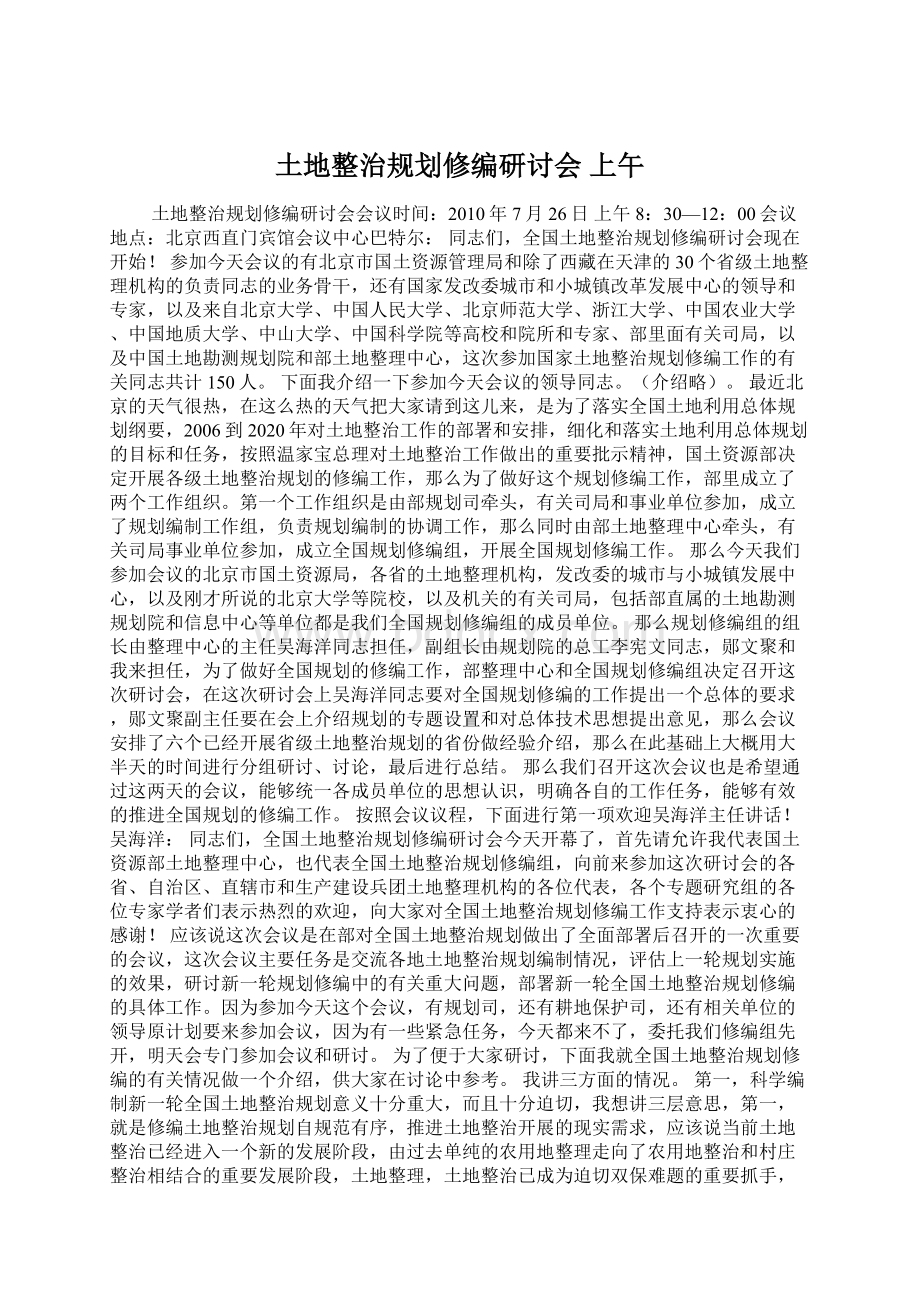 土地整治规划修编研讨会上午Word下载.docx