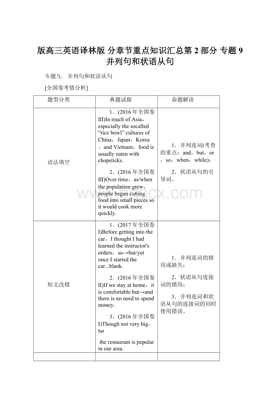 版高三英语译林版 分章节重点知识汇总第2部分 专题9 并列句和状语从句.docx