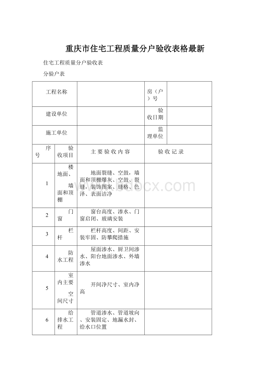 重庆市住宅工程质量分户验收表格最新.docx