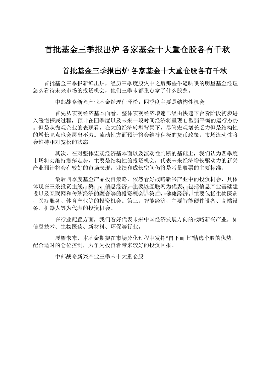 首批基金三季报出炉 各家基金十大重仓股各有千秋文档格式.docx_第1页