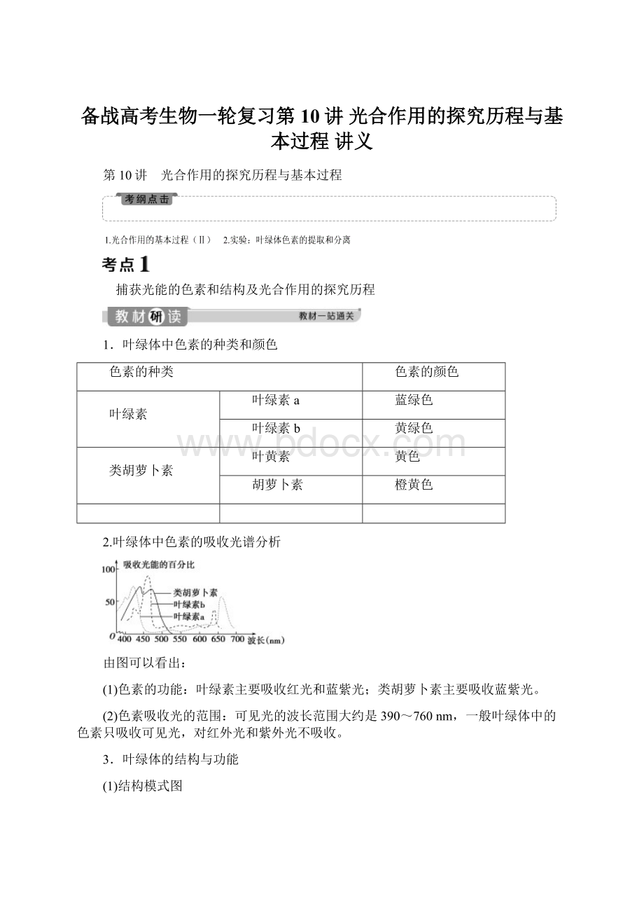 备战高考生物一轮复习第10讲 光合作用的探究历程与基本过程 讲义文档格式.docx