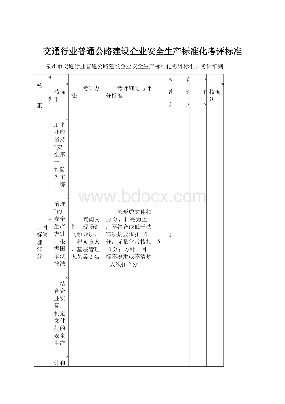 交通行业普通公路建设企业安全生产标准化考评标准Word文档格式.docx