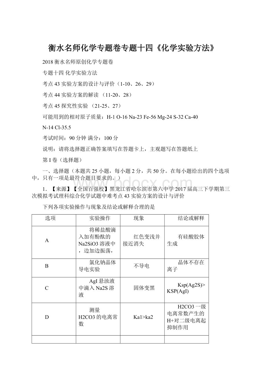 衡水名师化学专题卷专题十四《化学实验方法》.docx