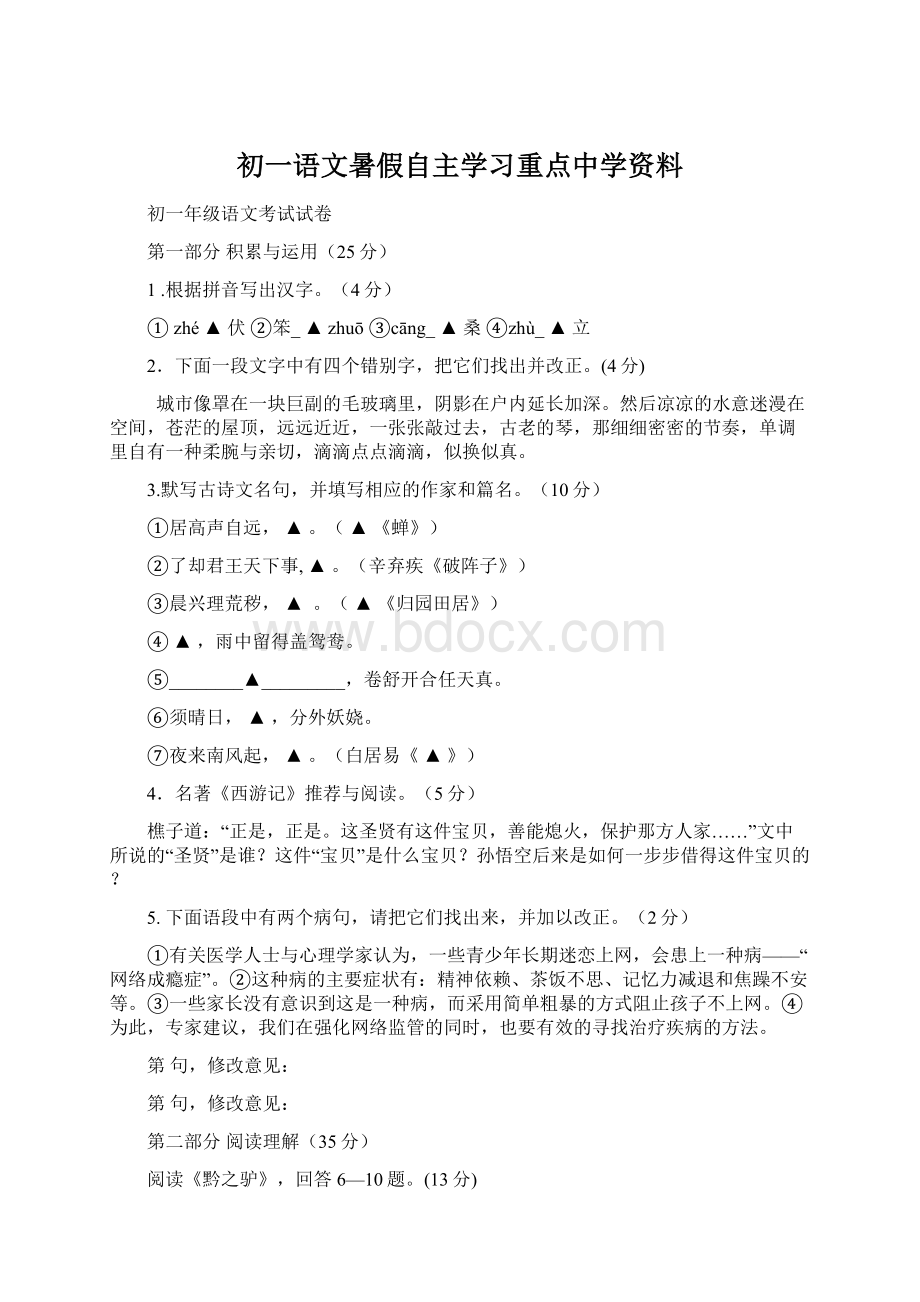 初一语文暑假自主学习重点中学资料.docx