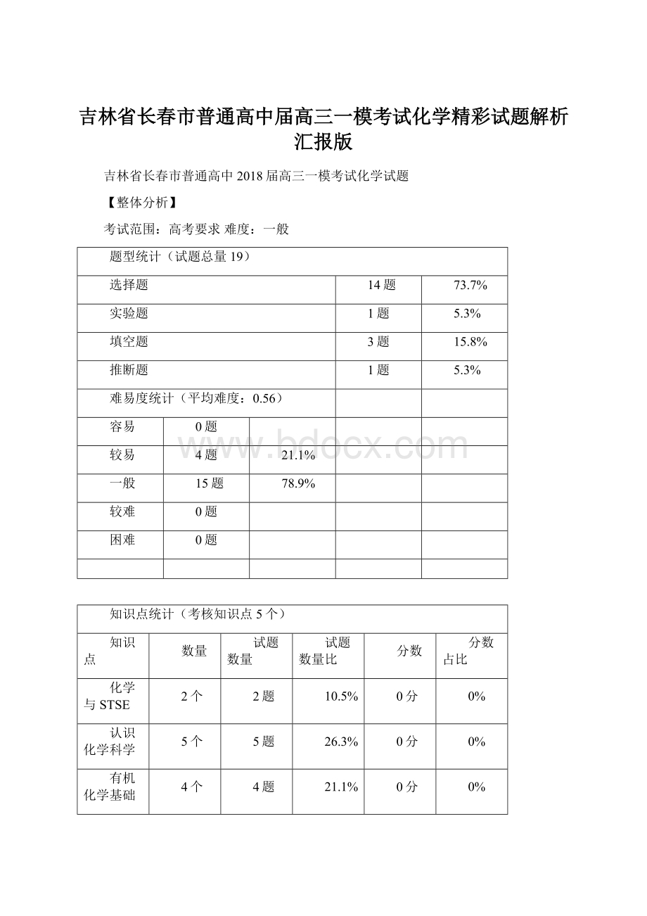 吉林省长春市普通高中届高三一模考试化学精彩试题解析汇报版.docx