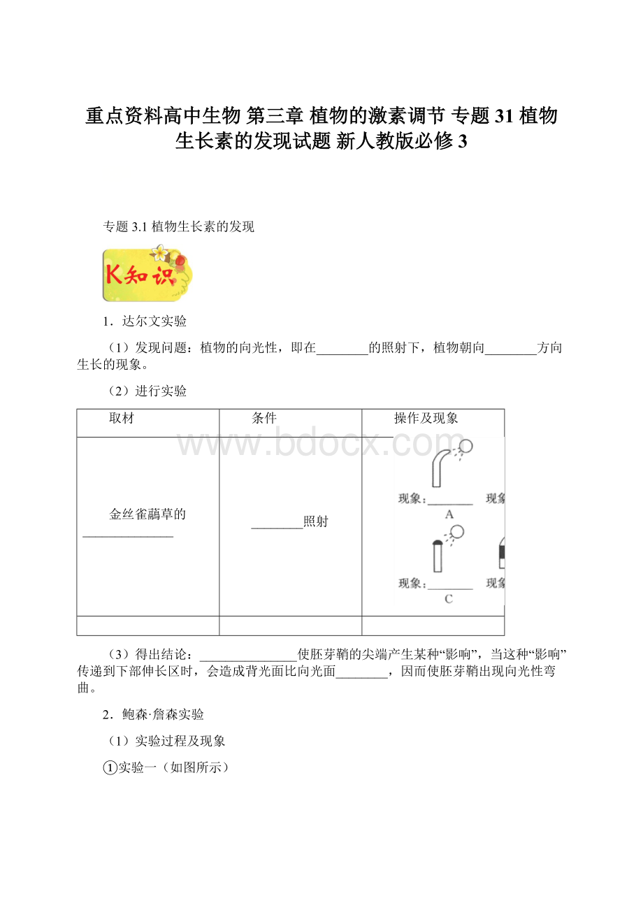 重点资料高中生物 第三章 植物的激素调节 专题31 植物生长素的发现试题 新人教版必修3Word格式.docx