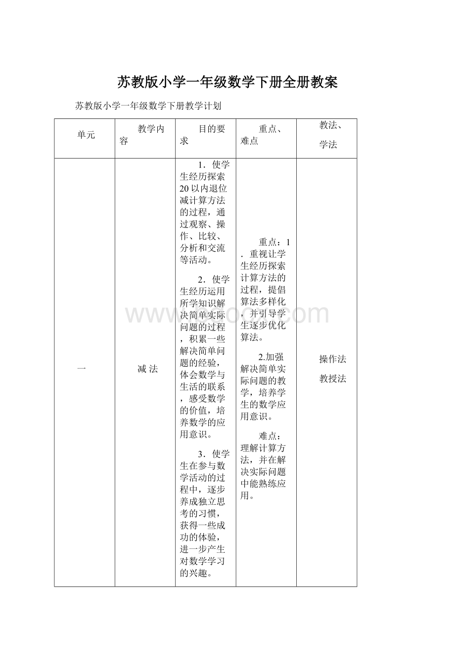 苏教版小学一年级数学下册全册教案Word文档下载推荐.docx