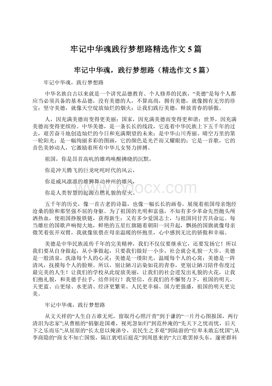 牢记中华魂践行梦想路精选作文5篇.docx