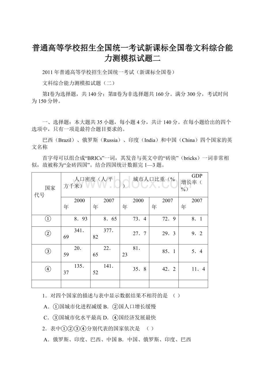 普通高等学校招生全国统一考试新课标全国卷文科综合能力测模拟试题二.docx_第1页