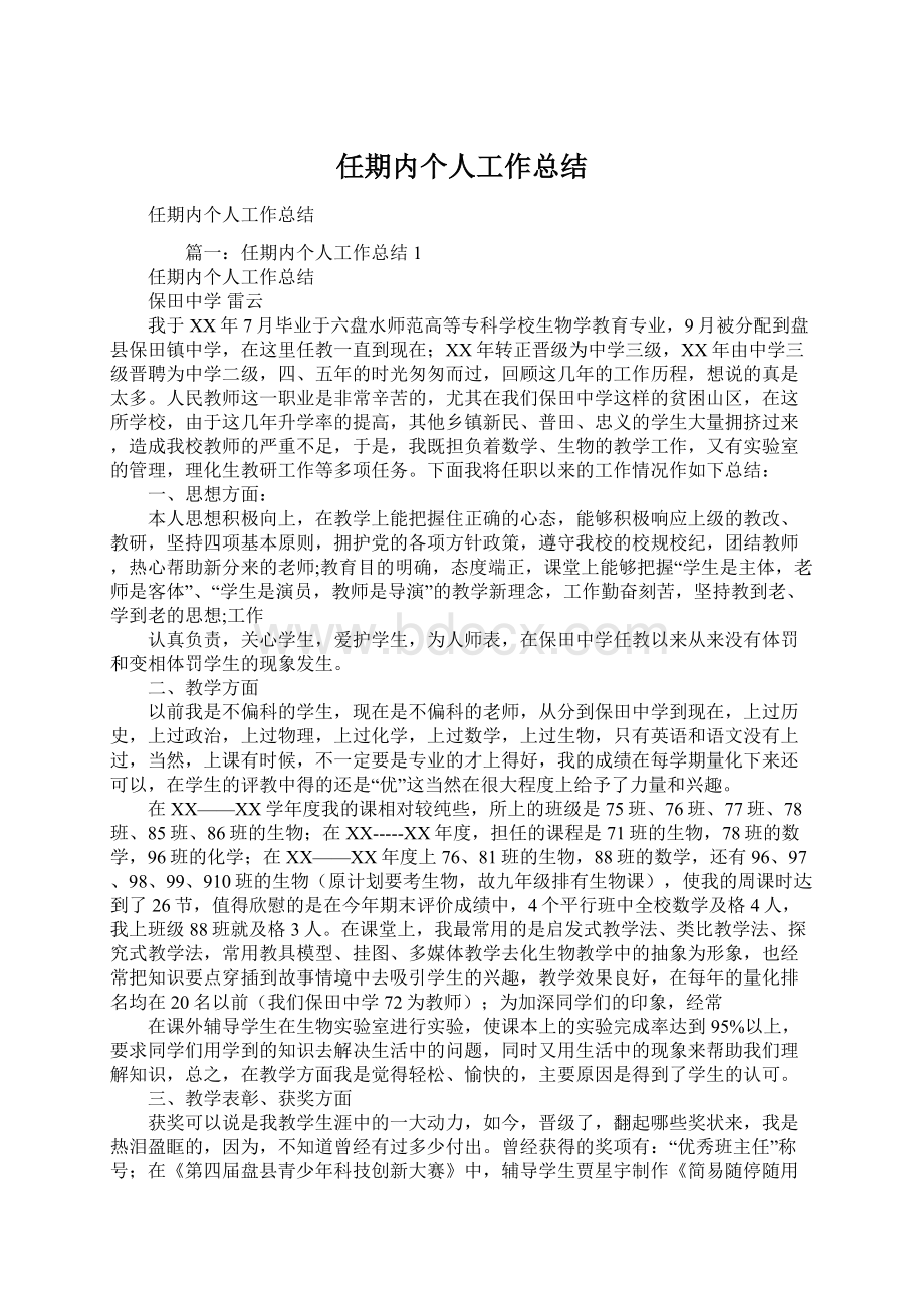 任期内个人工作总结Word格式文档下载.docx