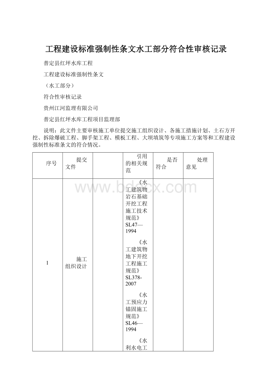 工程建设标准强制性条文水工部分符合性审核记录.docx_第1页