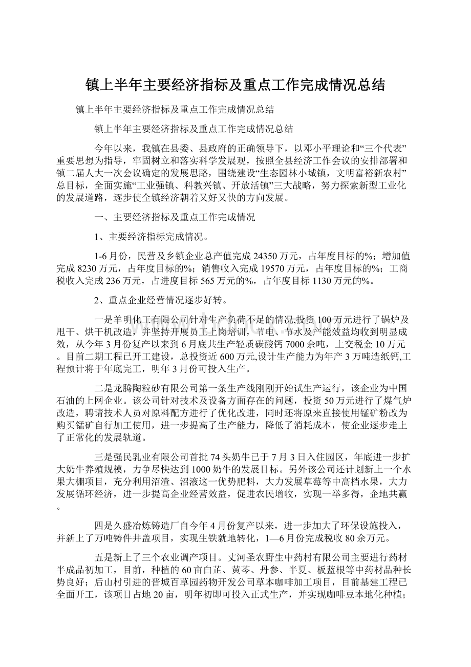 镇上半年主要经济指标及重点工作完成情况总结Word文档格式.docx